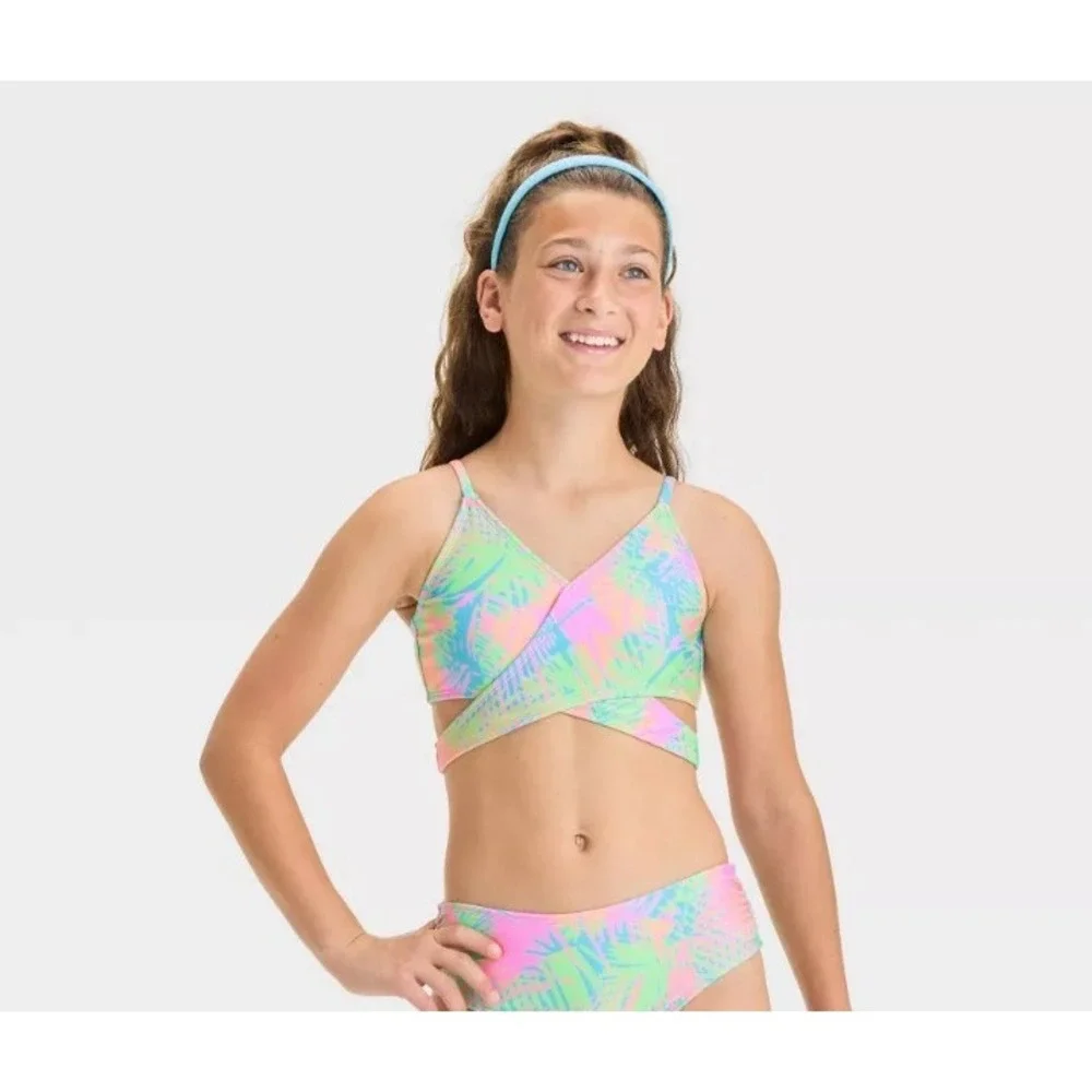 Art‎ Class Girls Palm Leaf Print Wrap Bikini Top Swimsuit XL 14 Rainbow Neon